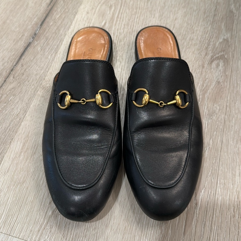 Gucci Princetown Black Leather Round Toe Loafer Mules Slip Ons Flats